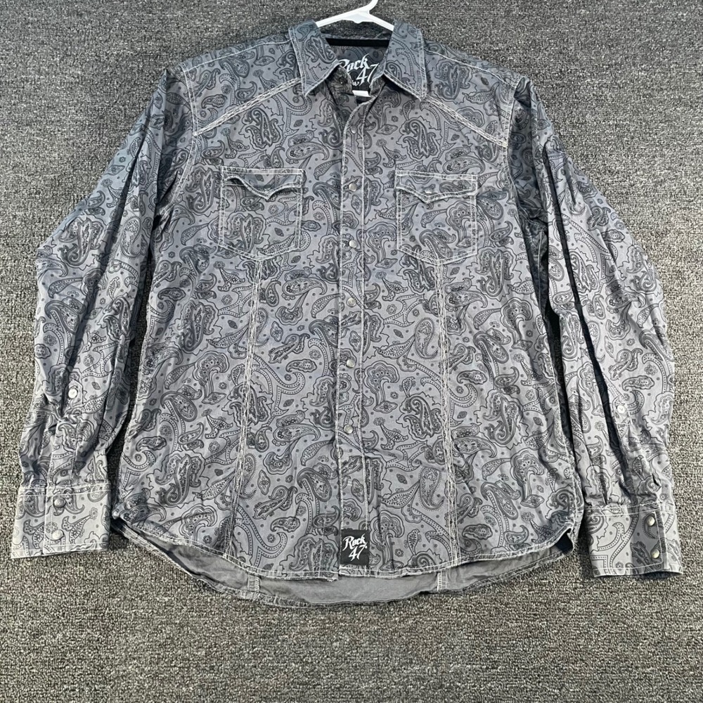 Rock 47 Wrangler Western Shirt Mens Large Grey Paisley Snap Button MRC207M Good